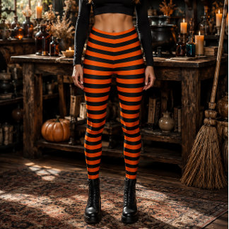 Leggings Sorcière Méchante Orange et Noir Rayures Halloween
