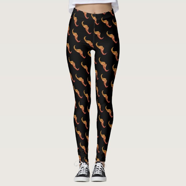 Leggings Sparkly gold orange ombre Mustache pattern black (Devant)