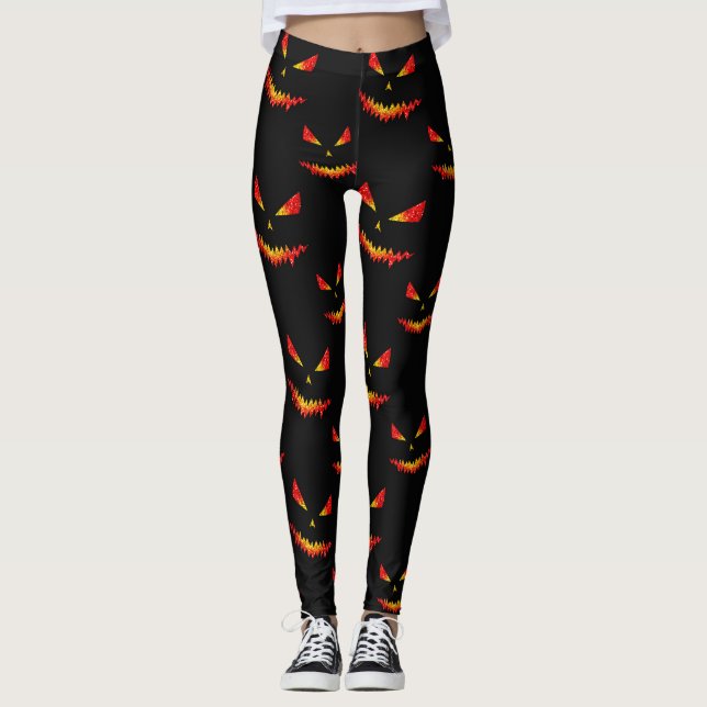 Leggings Sparkly Jack O'Lantern face motif Halloween (Devant)