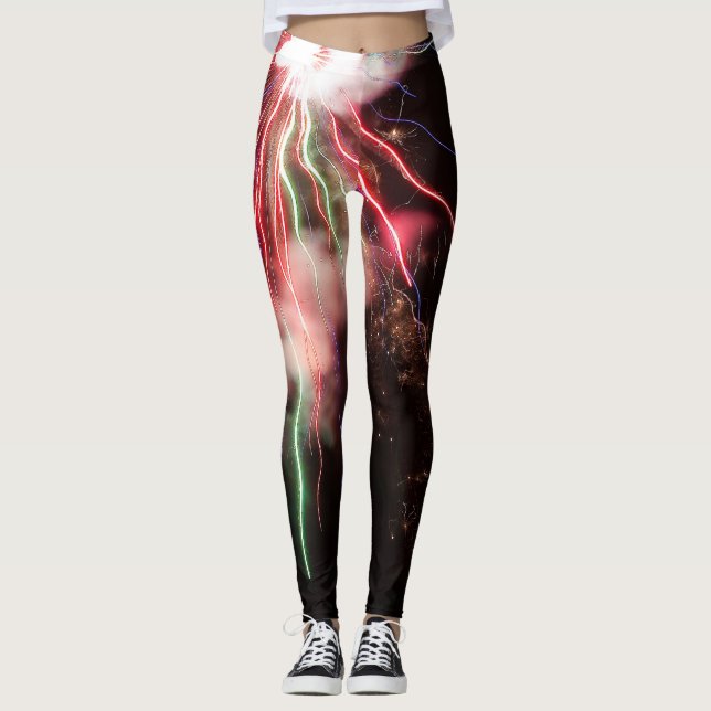 Leggings Spectaculaire feu d'artifice rouge vert ciel noir  (Devant)