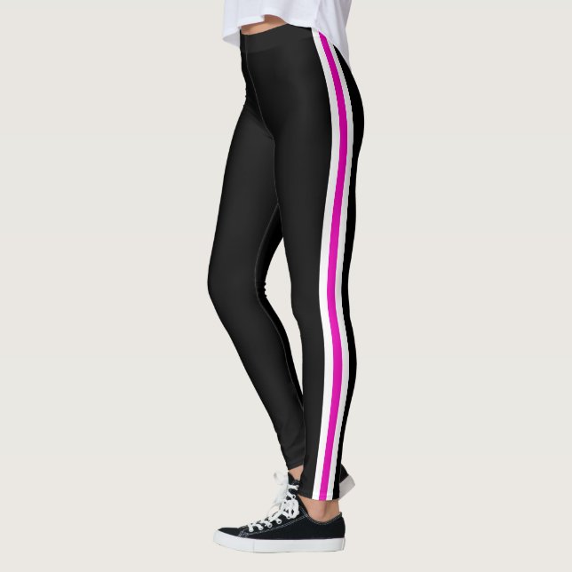 Leggings Sport Pignon rose et blanc côté bande noire (Gauche)