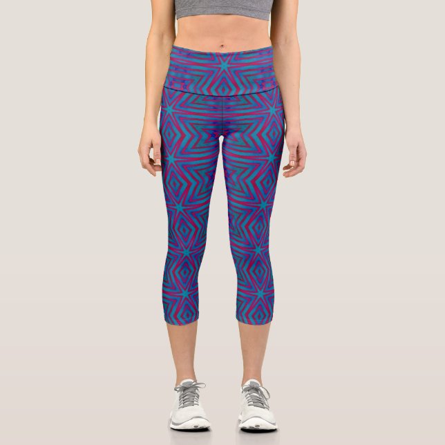 Leggings Star rouge et bleu géométrique Capri (Recto)