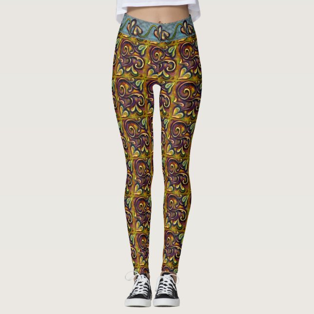 Leggings Steampunk Fairytale laiton doré Vin feuilleté Impr (Devant)