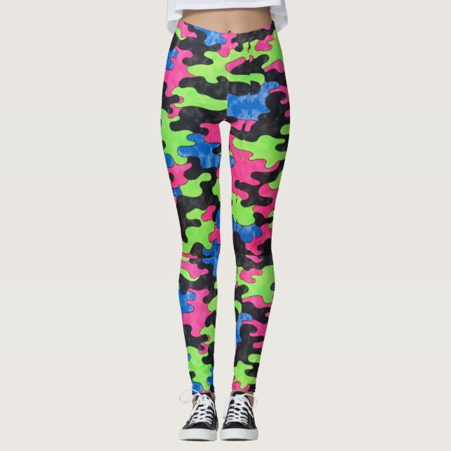 Leggings Style Camouflage bleu noir rose vert (Devant)