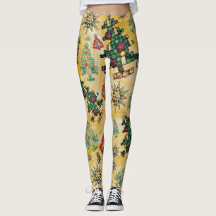 Leggings Style Noël Arbre Bijou Bling Jaune