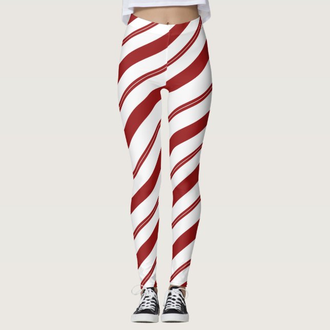 Leggings Sucre de canne rouge rayé de menthe de Noël (Devant)