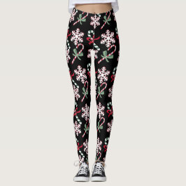 Leggings Sucres de canne de vacances & Snowflakes, sur noir