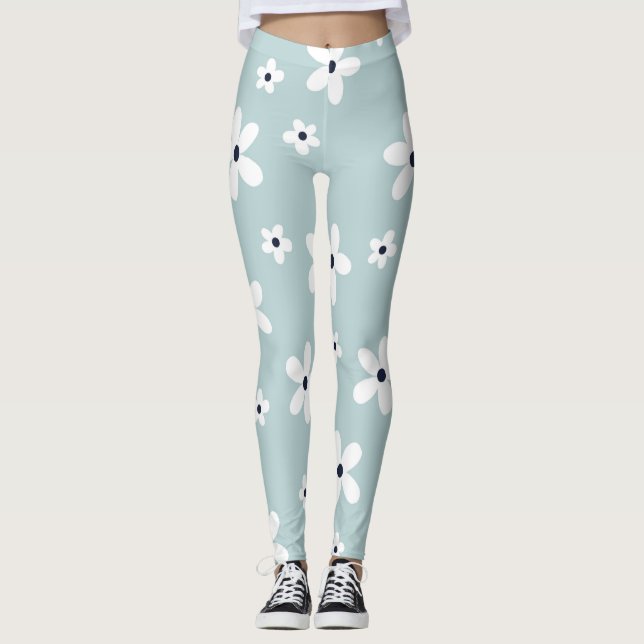 Leggings Summer Boho Blue White Daisy Flowers (Devant)