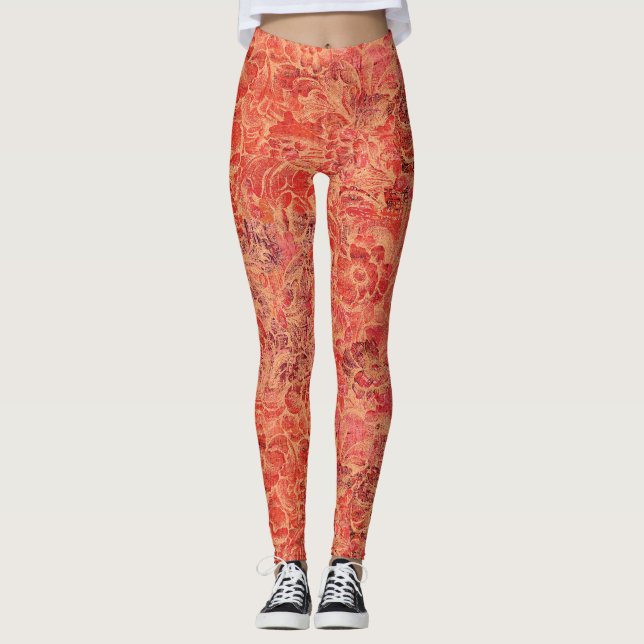 Leggings Swirling Flowers and Vines in Red Hues (Devant)