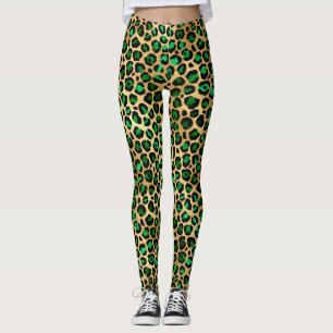 Leggings Taches de léopard en or et vert foncé élégant