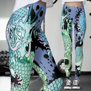 Leggings Tatouage de dragon bleu et vert éclaboussé de bleu
