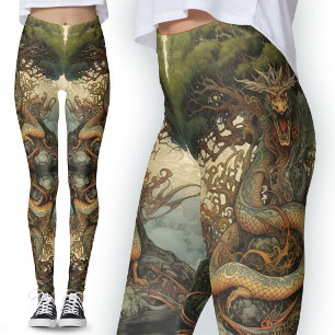 Leggings Tatouage de dragon d'arbre vert orange chinois