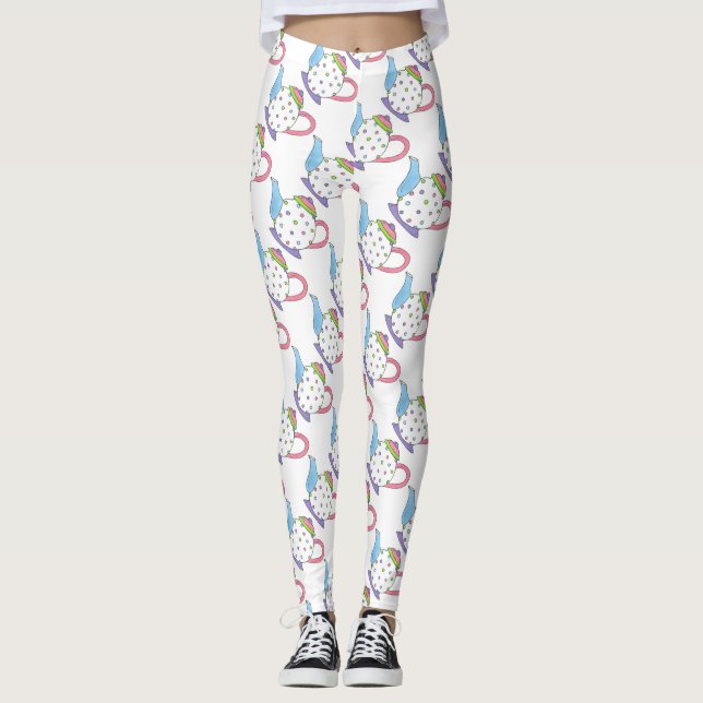 Leggings Tea Tea Tea Party Pink Blue Polka Teapot (Devant)