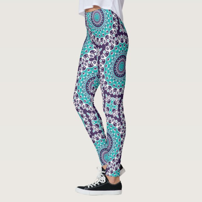 Leggings Teal and Violet Abstract Mandala Pattern (Gauche)