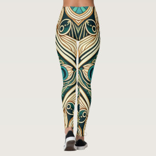 Leggings Texture des plumes abstraites or et vert paon