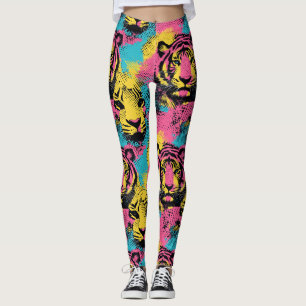 Leggings Tiger Pop Art Motif en rose, jaune et bleu