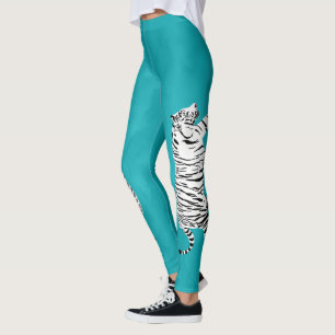 Leggings Tigre blanc et noir sur Turquoise, bleu turquoise