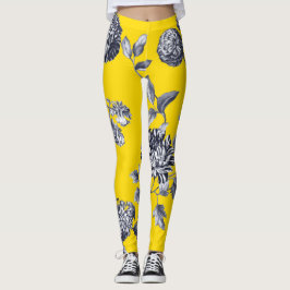 Leggings Toile floral botanique jaune noir et blanc