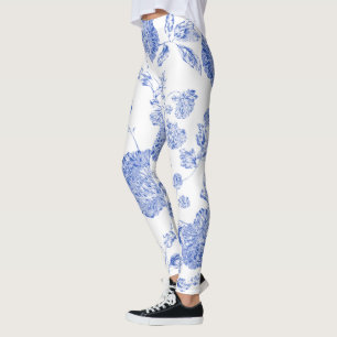 Leggings Toile floral vintage moderne blanc bleu