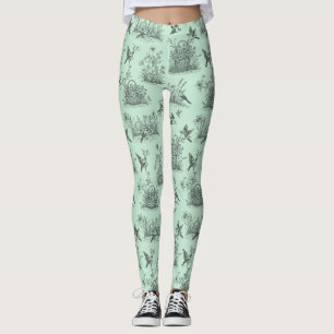 Leggings Toile pastorale vert menthe avec oiseaux et fleurs