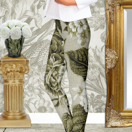 Leggings Toile Vintage de fleurs vert olive no 1