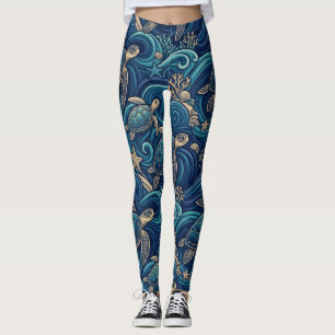 Leggings Tortues de mer, Palmiers et Motif de Vagues