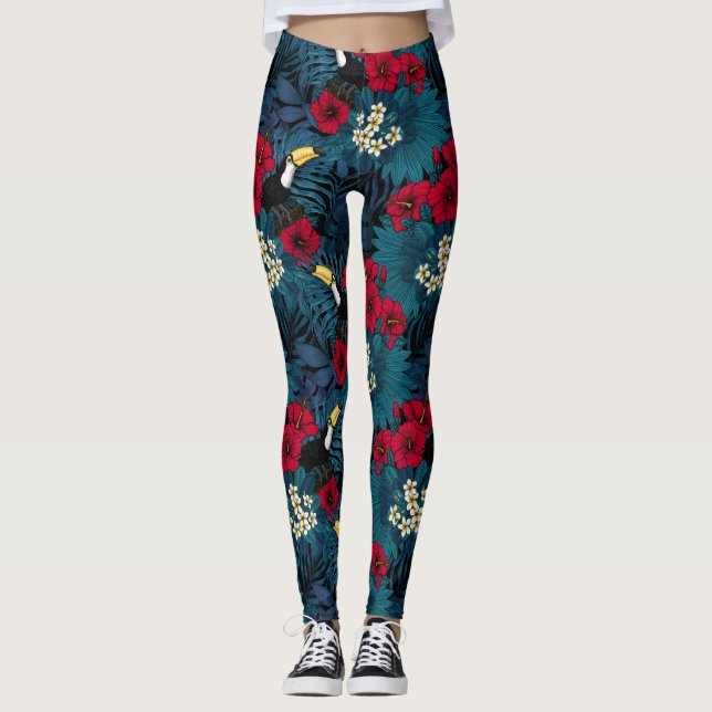 Leggings Toucans et flore tropicale, verte et rouge (Devant)