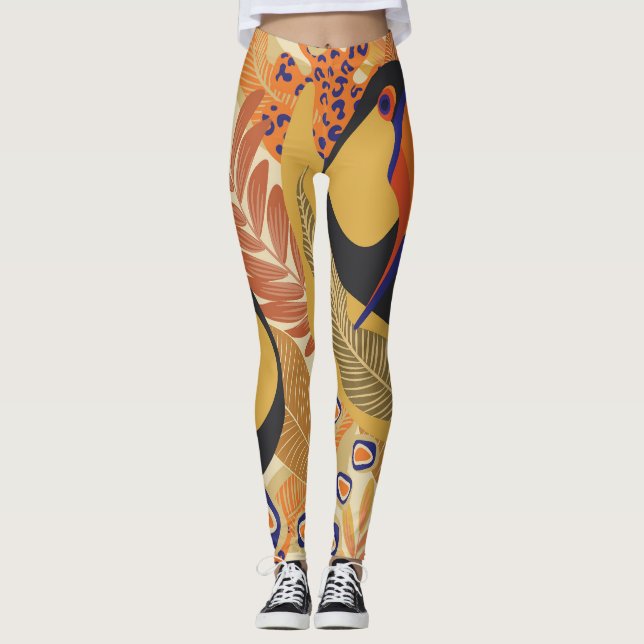 Leggings Toucans sur branches, motif tropical sans soudure. (Devant)