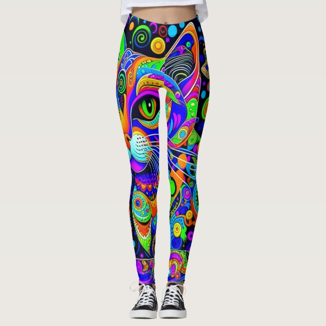 Leggings Tout-Sur-Imprimé Chat Psychédélique (Devant)