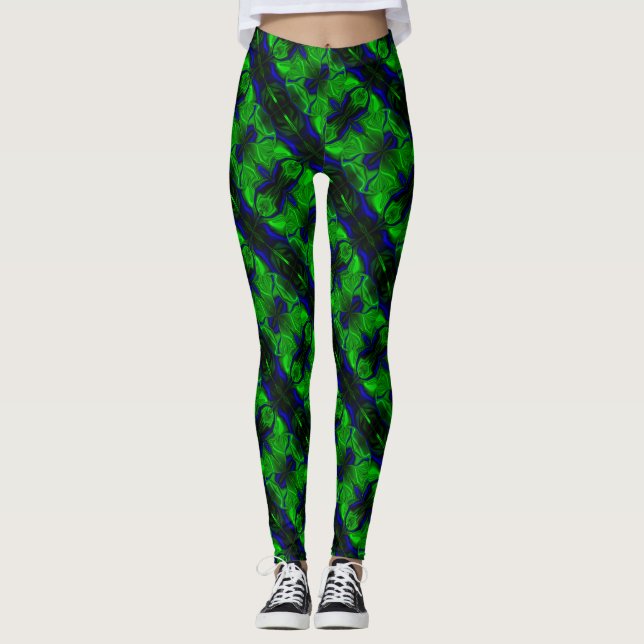 Leggings Traces et formes bleues sur fond vert (Devant)