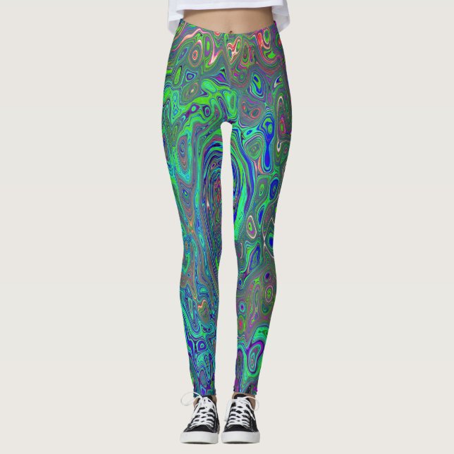Leggings Trippy Chartreuse et Blue Retro Liquid Swirl (Devant)