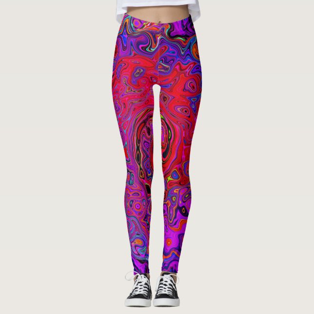 Leggings Trippy Red et violet Abstrait Retro Liquid Swirl (Devant)