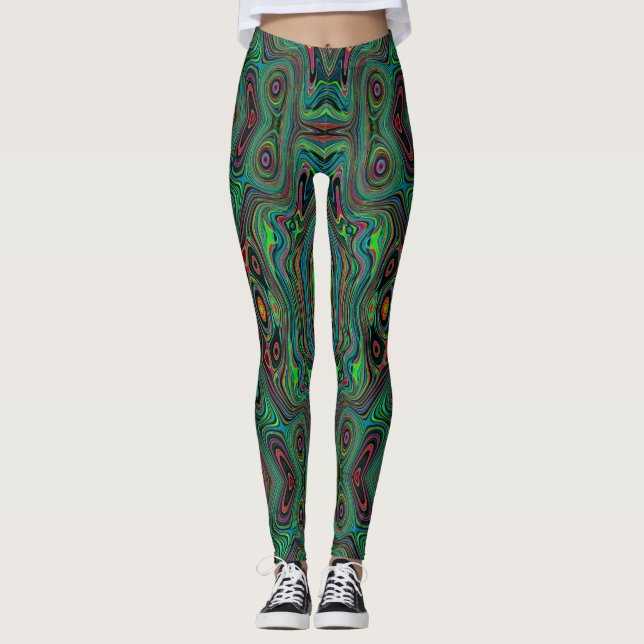 Leggings Trippy Retro Black et Lime Green Motif Abstrait (Devant)