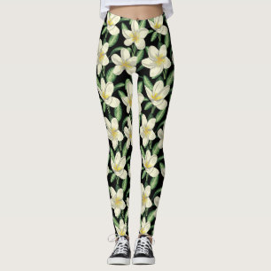 Leggings Tropical continu motif fleurs blanches feuille ver