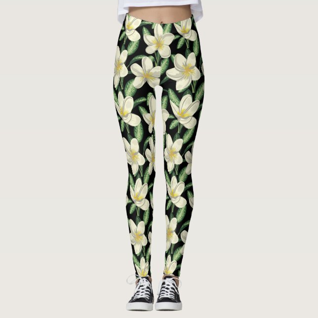 Leggings Tropical continu motif fleurs blanches feuille ver (Devant)