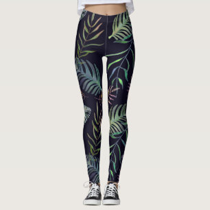 Leggings Tropical green folios palmiers bleu marine