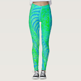 Leggings Tropical Pattern, Line Round Curve, Blue Turquoise