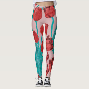 Leggings Tulipes de printemps, motif floral dessiné à la ma