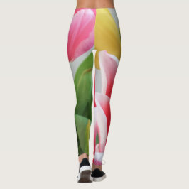Leggings Tulipes Vert rose Fleurs Jaunes Jambes Florales