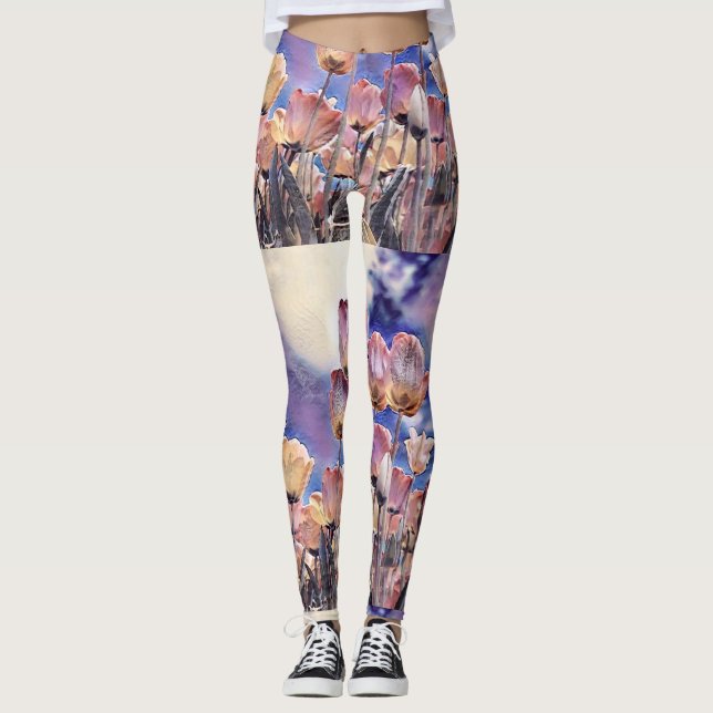 Leggings Tulipes violettes rose et orange (Devant)