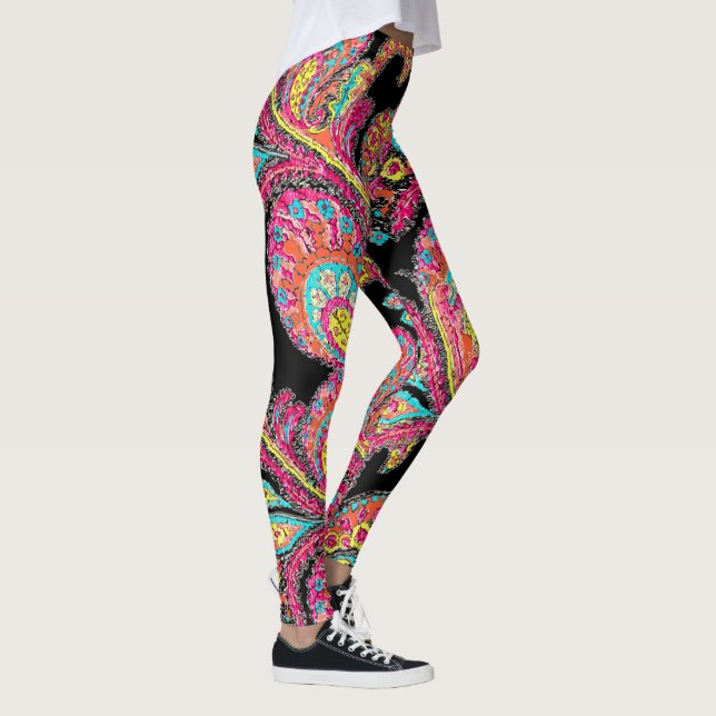 Leggings Turquoise Aqua Rose Jaune Abstrait Paisley Motif (Droite)