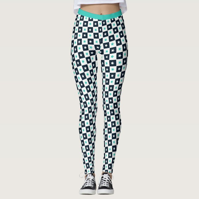 Leggings Turquoise Black White Stars Carré Motif Fitness (Devant)