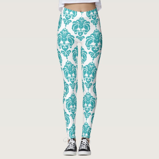 Leggings Turquoise & blanc Damask Chic Modern Elegant Motif (Devant)