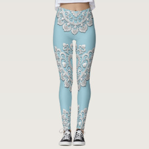 Leggings Turquoise Bleu Blanc Dentelle Cœur Mariage Nuptial