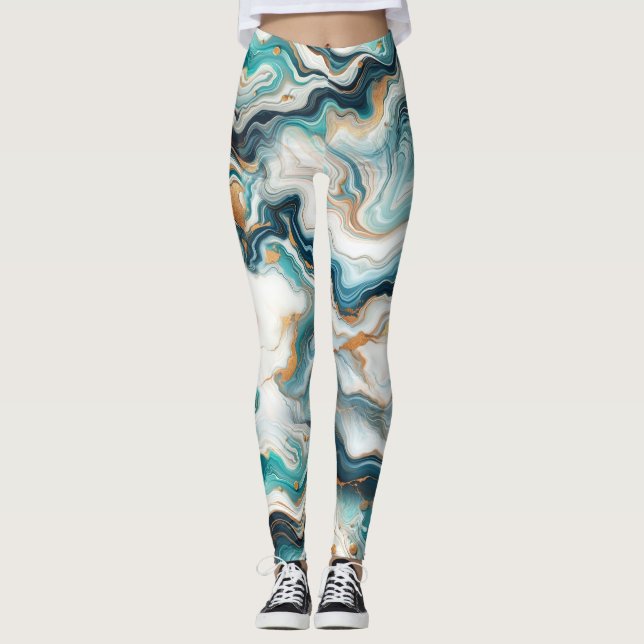 Leggings Turquoise Bleu Or Blanc Marbre moderne Agate Maria (Devant)