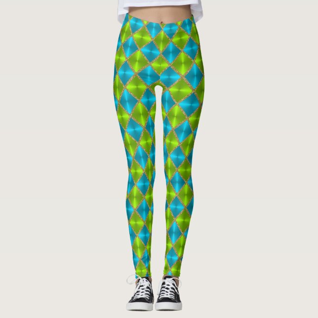 Leggings Turquoise et chaux avec Carrés d'or (Devant)