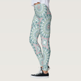 Leggings Turquoise et Coral Mandala Motif Design