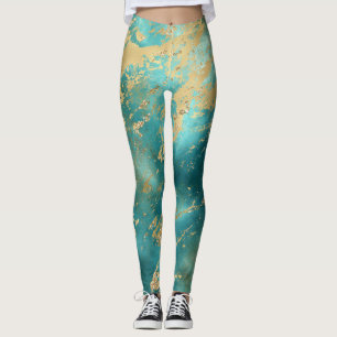Leggings Turquoise Vert Or Marbre Abstrait Moderne