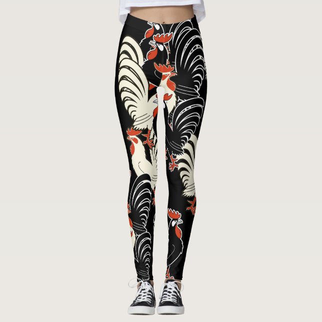 Leggings Un coq blanc et deux coqs noirs (Devant)