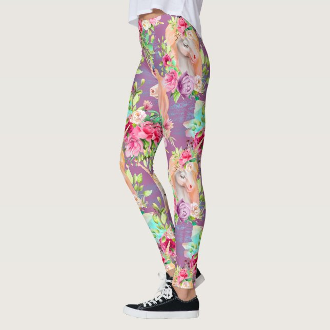 Leggings Unicornes florales pourpres (Gauche)